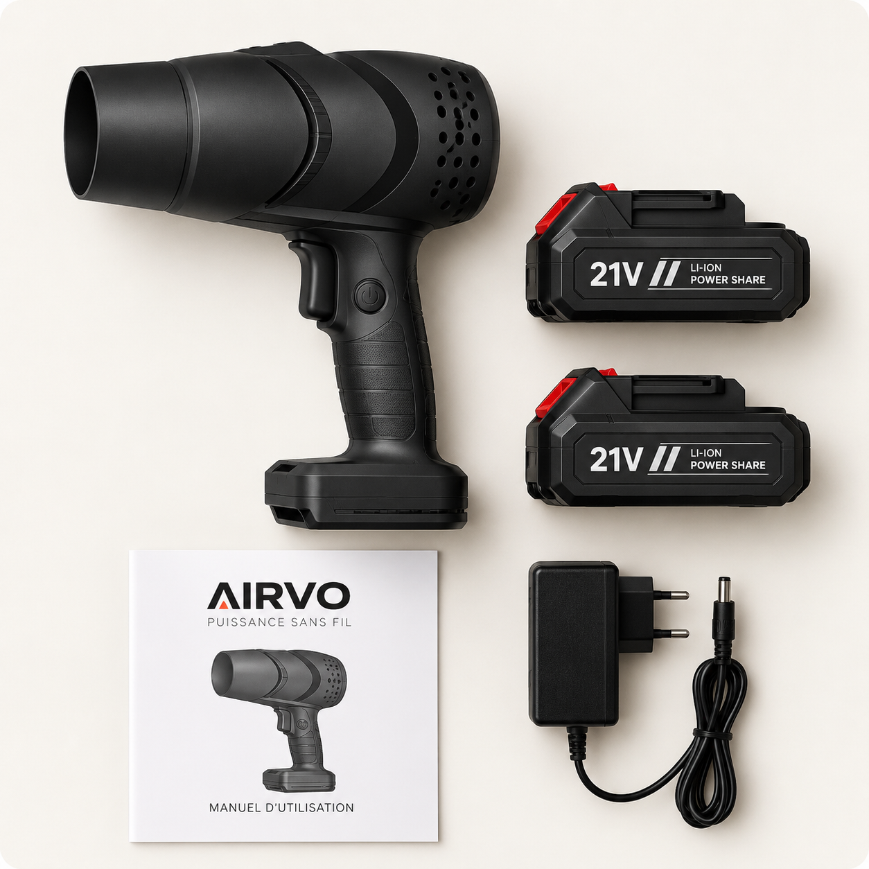 Contenu du kit AIRVO vu du dessus : souffleur, deux batteries, chargeur et manuel