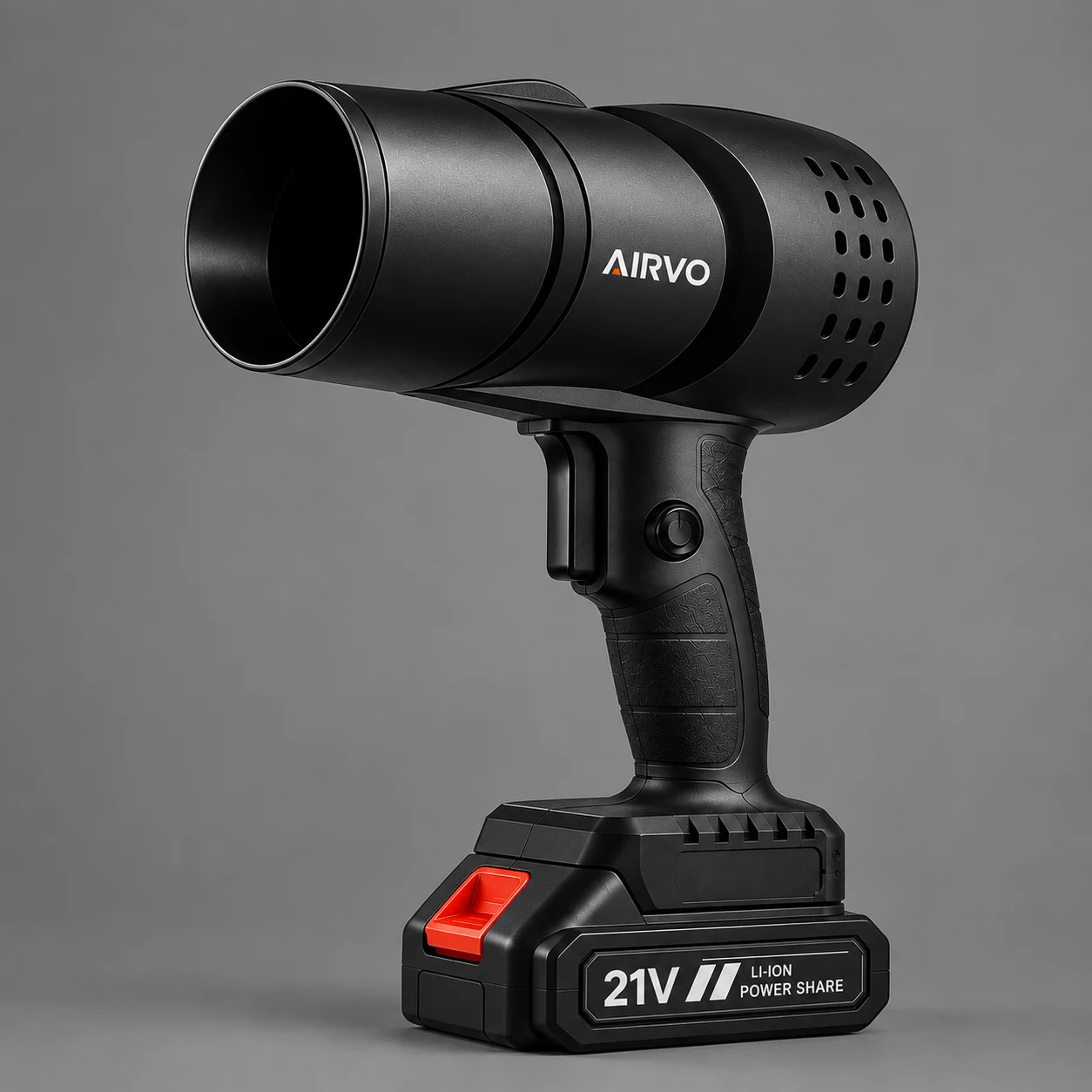 Souffleur sans fil AIRVO noir avec batterie 21 V sur fond gris
