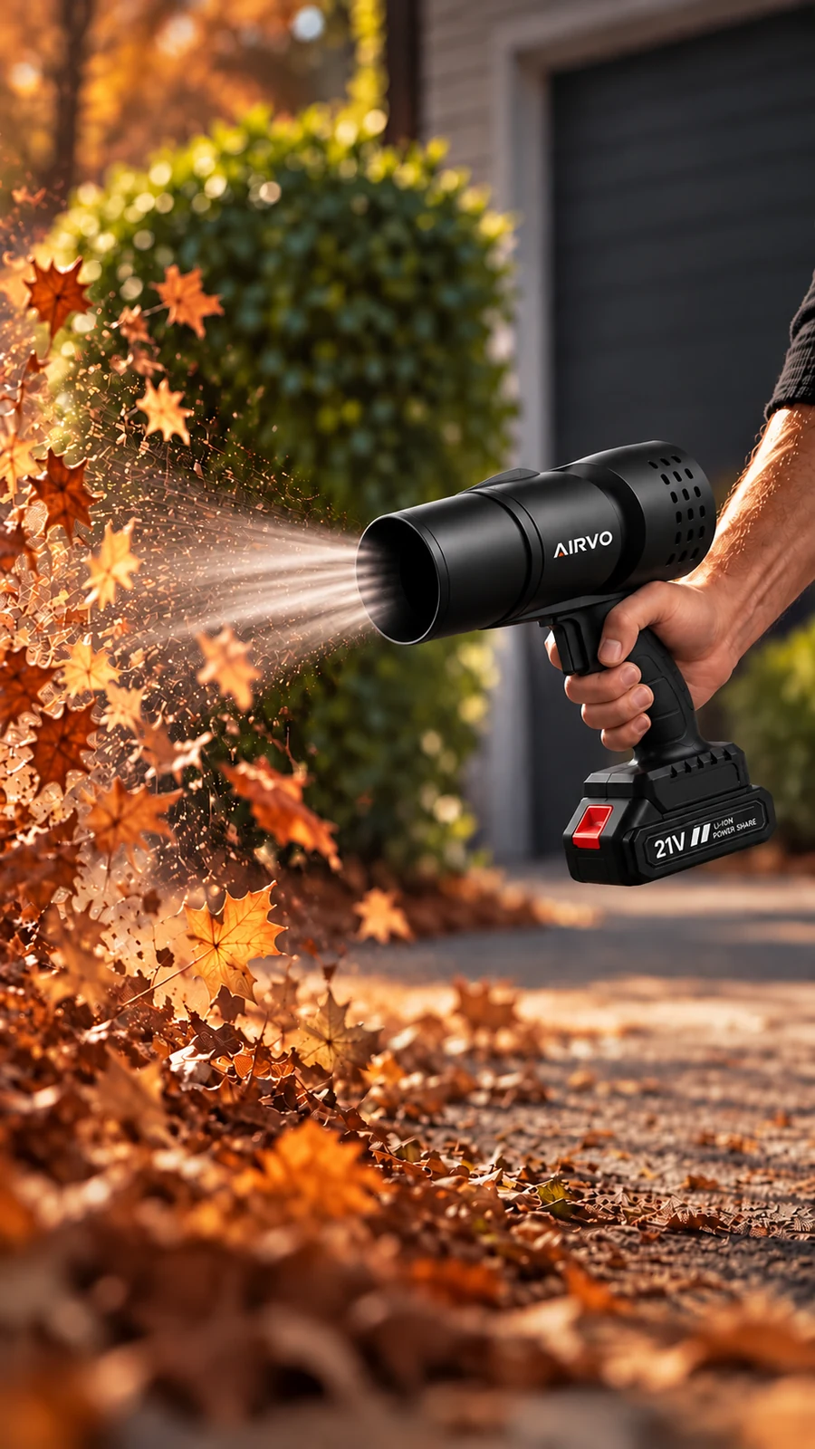 Le souffleur sans fil AIRVO tenu en main souffle des feuilles d'automne