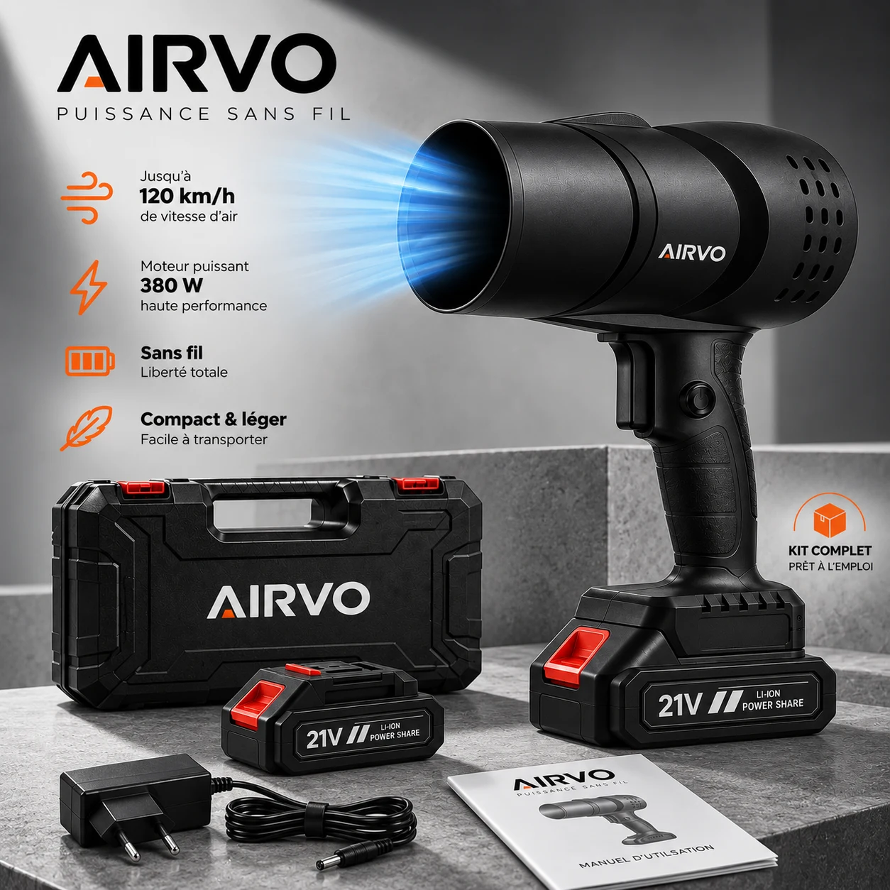Kit AIRVO avec souffleur, deux batteries, chargeur, mallette et manuel